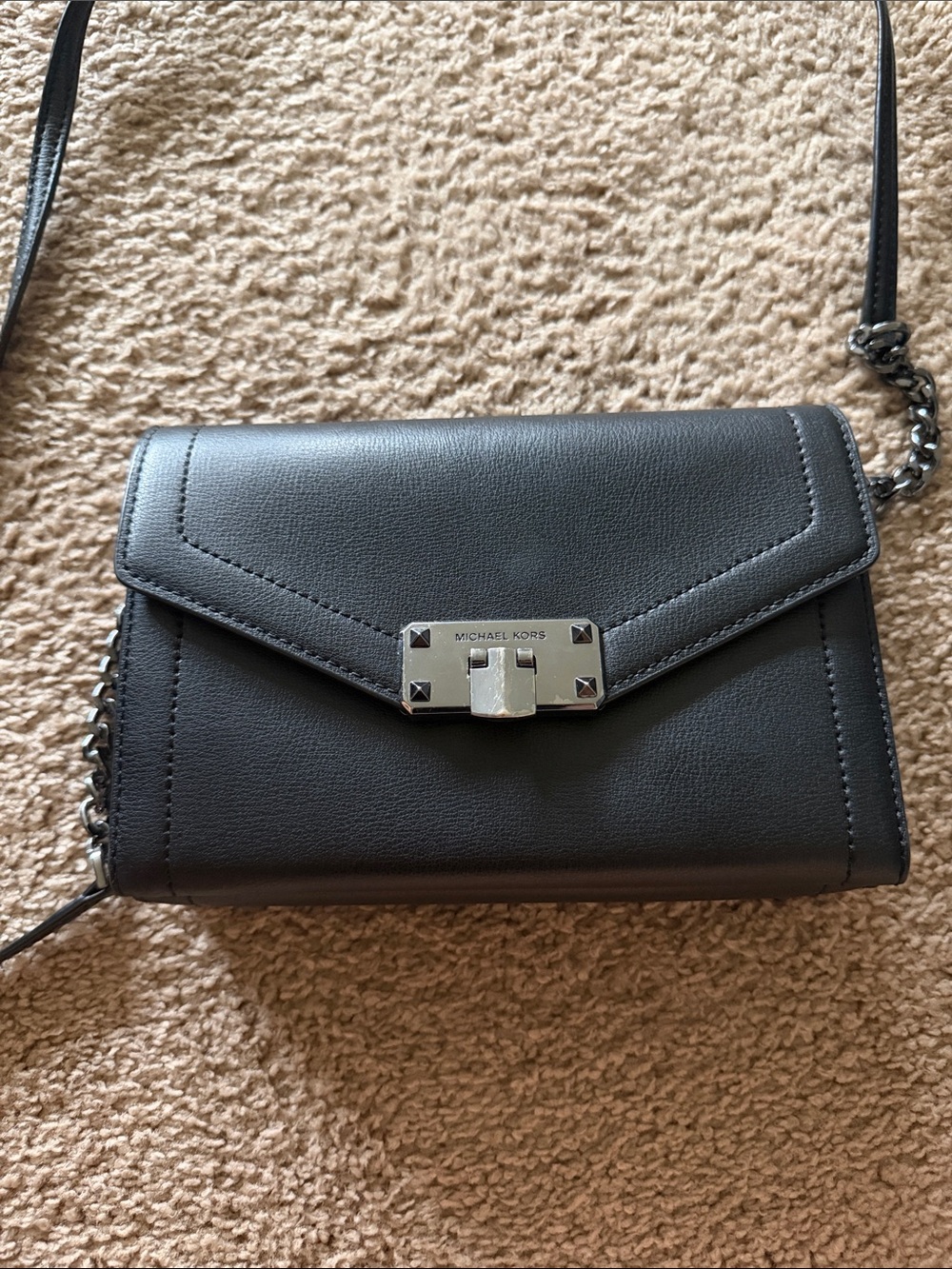Michael Kors Black Leather Chain-Trim Crossbody